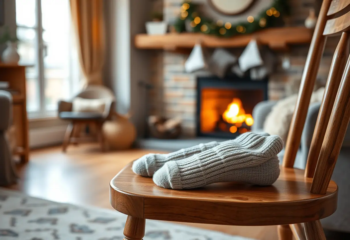 Un fauteuil en bois garni de chaussettes en laine pliées dans un salon accueillant, magazine sur le sommeil féminin