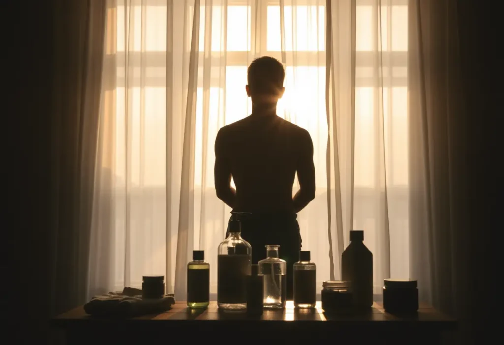 Un profil se reflète devant une fenêtre où le soleil éclaire doucement des produits de toilette sur une table en bois, symbolisant l'attention portée au bien-être personnel.