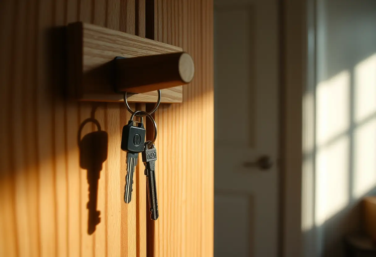 Une clé métallique accrochée à un porte-clés en bois rappelle la nécessité de préserver sa sphère privée pour un bien-être optimal.