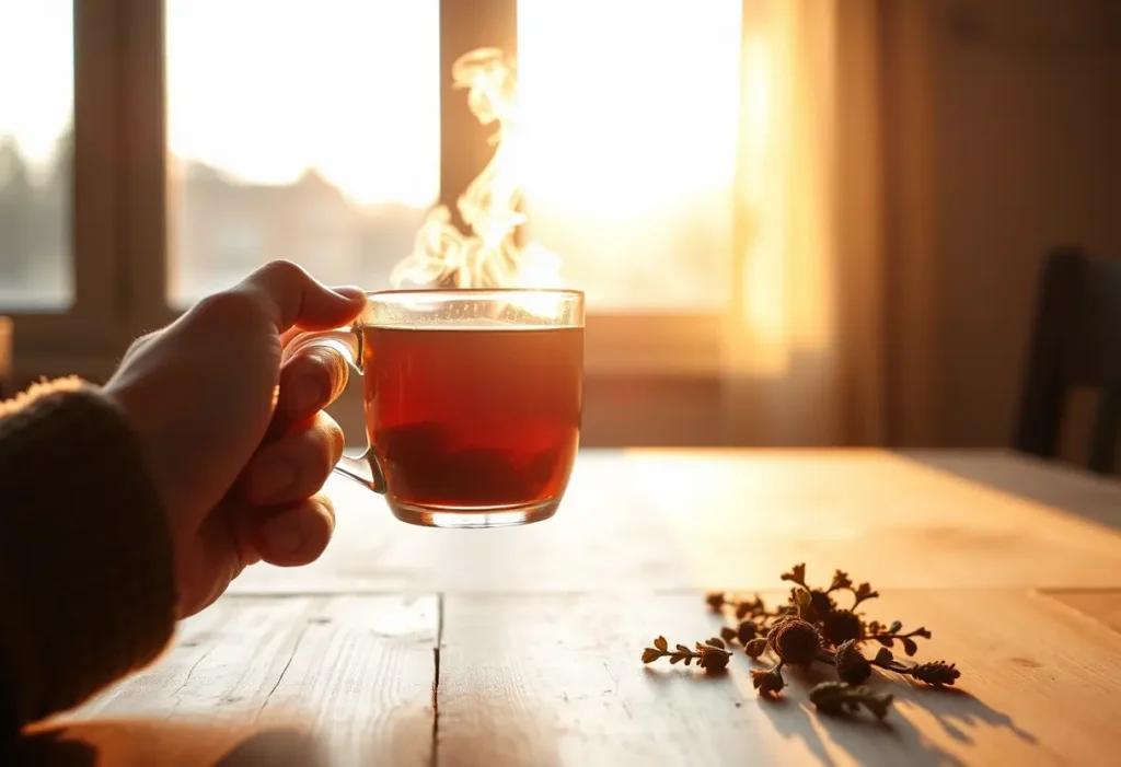 Une main tenant une tasse de thé herbeux fumant dans une lumière chaude et dorée