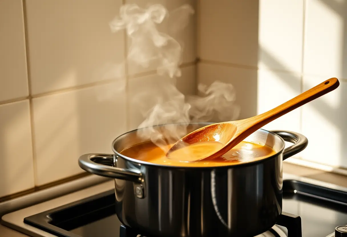Une cuillère en bois mélangeant une marmite de soupe mijotant sur un plan de travail, la vapeur s'élevant doucement
