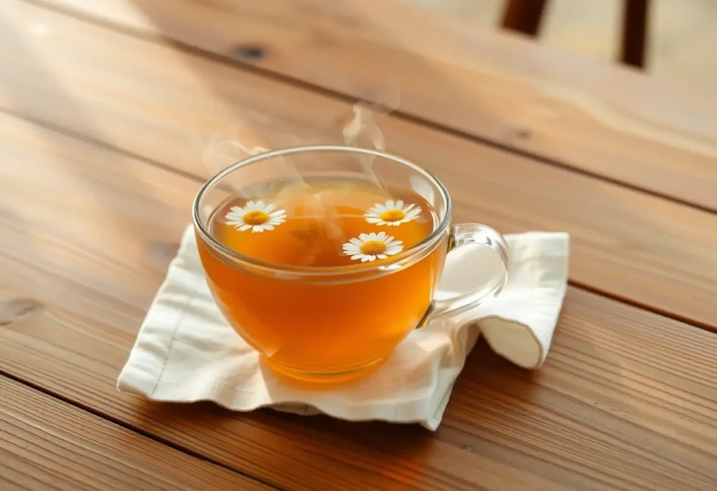Une tasse de thé de camomille sur une table avec un serviette