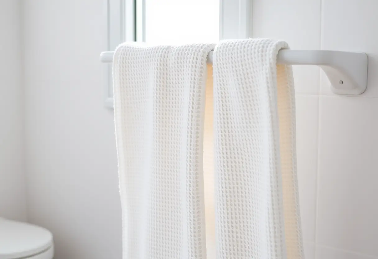 Des linges suspendus dans une salle de bain, éclairés par la lumière du jour