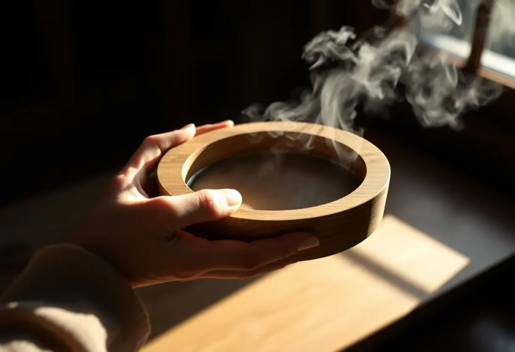 Une main tenant une bouillotte en bois émettant de la vapeur, chaleureuse et apaisante