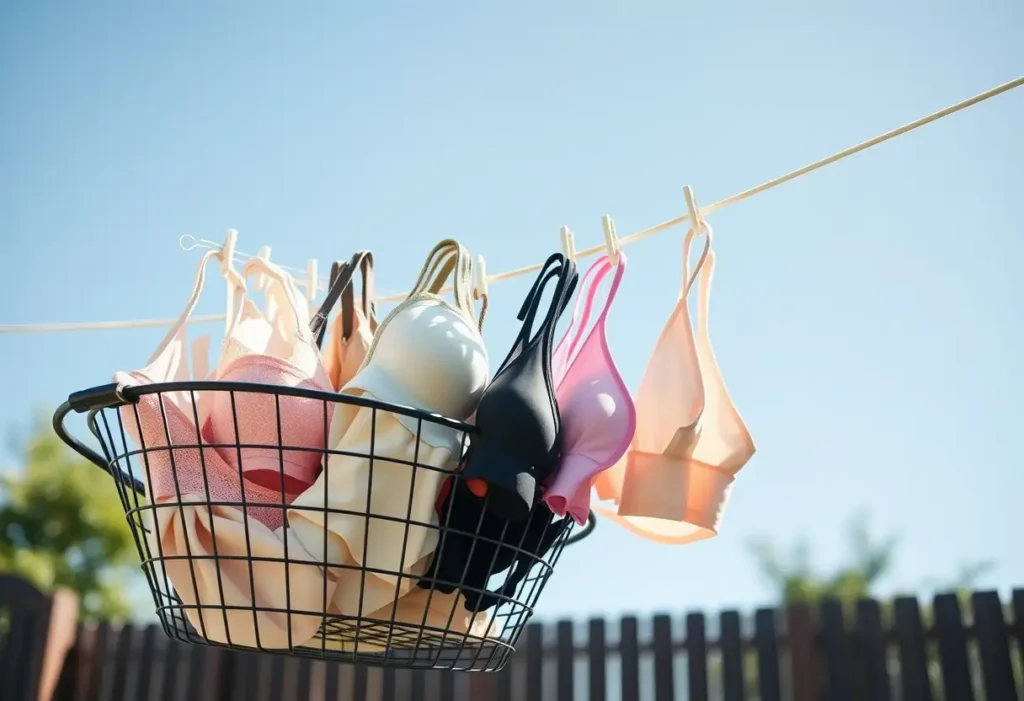 Un panier à linge rempli de soutiens-gorge d’allaitement de différentes couleurs et styles, suspendus à une corde à linge en plein air, soulignant la variété des modèles disponibles.