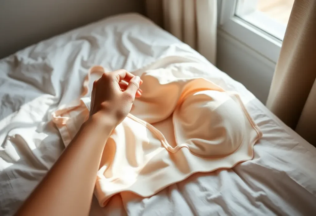 Main de femme ajustant délicatement un sous-vêtement en coton sur son lit, ambiance apaisante