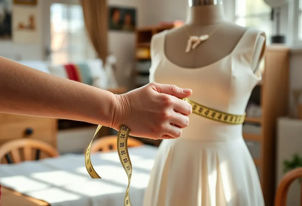 Une main féminine tient un mètre ruban autour d'un mannequin, dans une pièce lumineuse.