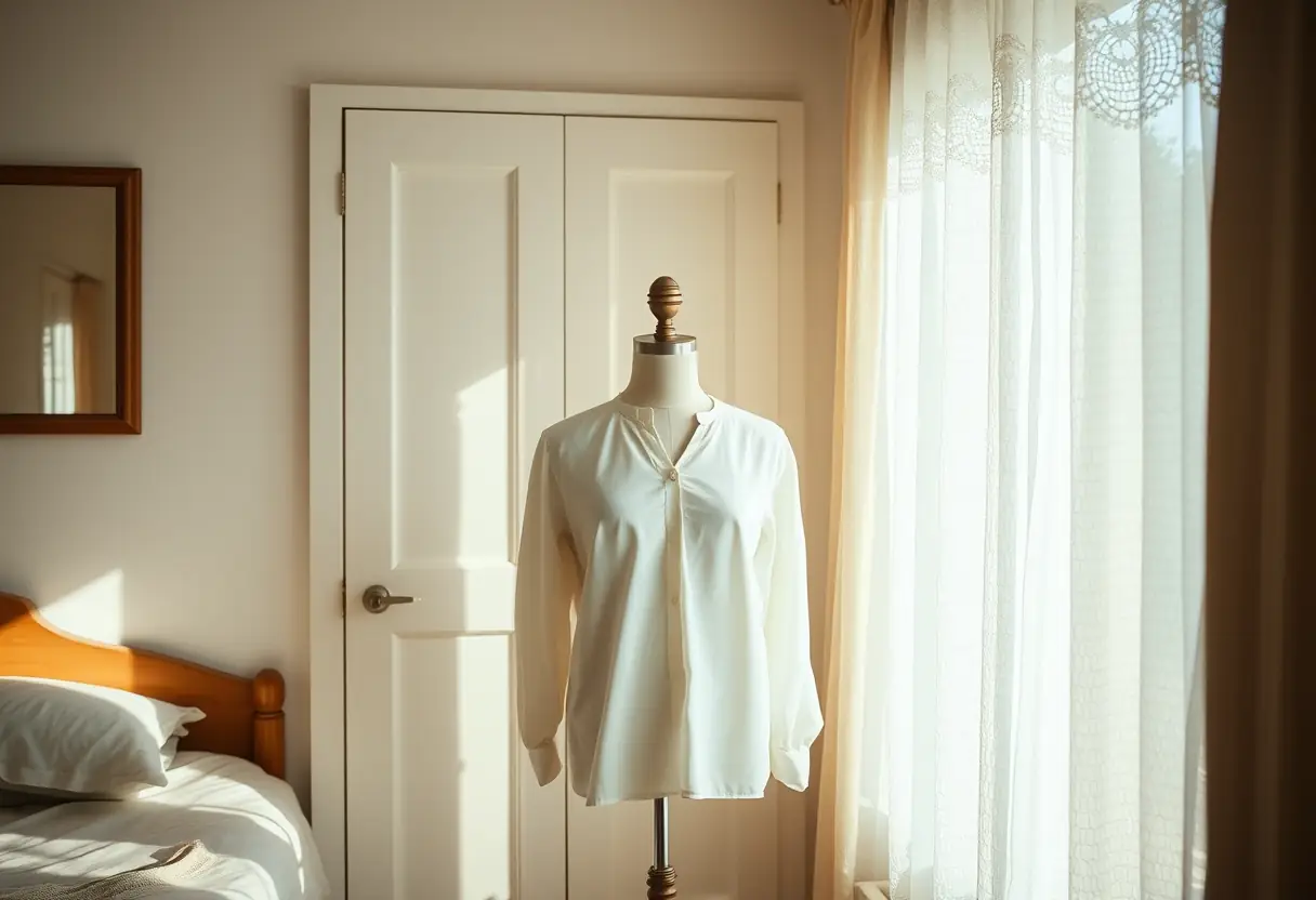 Un mannequin habillé d'une chemise en coton se trouve dans un coin de la chambre, éclairé par la lumière du jour.