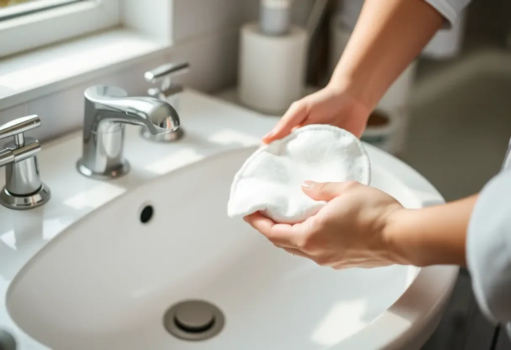 Une main posant doucement une serviette en coton sur un lavabo, rappelant la nécessité de soins attentifs après l'accouchement.