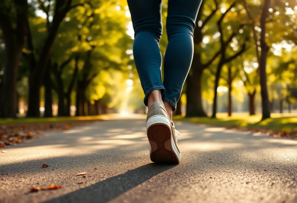 Des pieds chaussés de baskets confortables marchant sur un chemin ombragé, illustrant un retour progressif et sécurisé au sport après l'accouchement.
