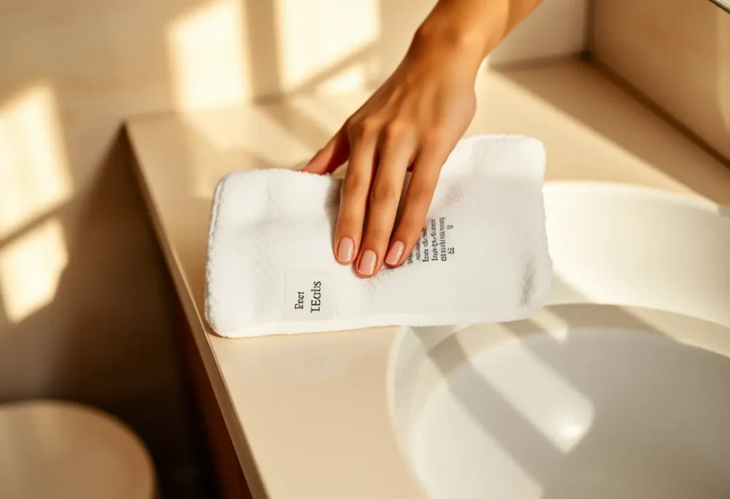 Une main posant doucement une serviette dans une salle de bains
