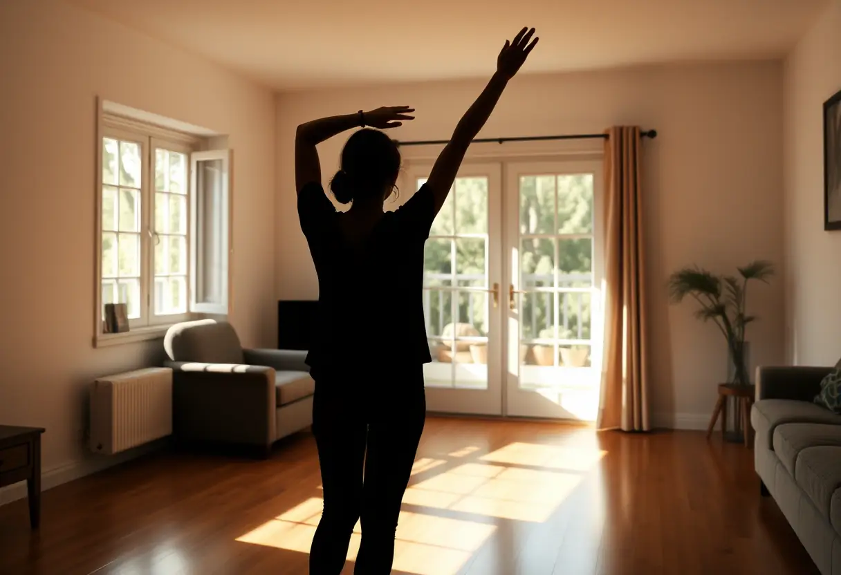 Une femme s’étirant dans un salon calme au petit matin