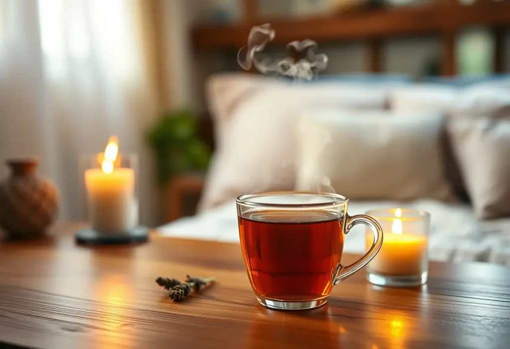 Une tasse de thé herbeux sur une table en bois dans une chambre accueillante avec une bougie allumée