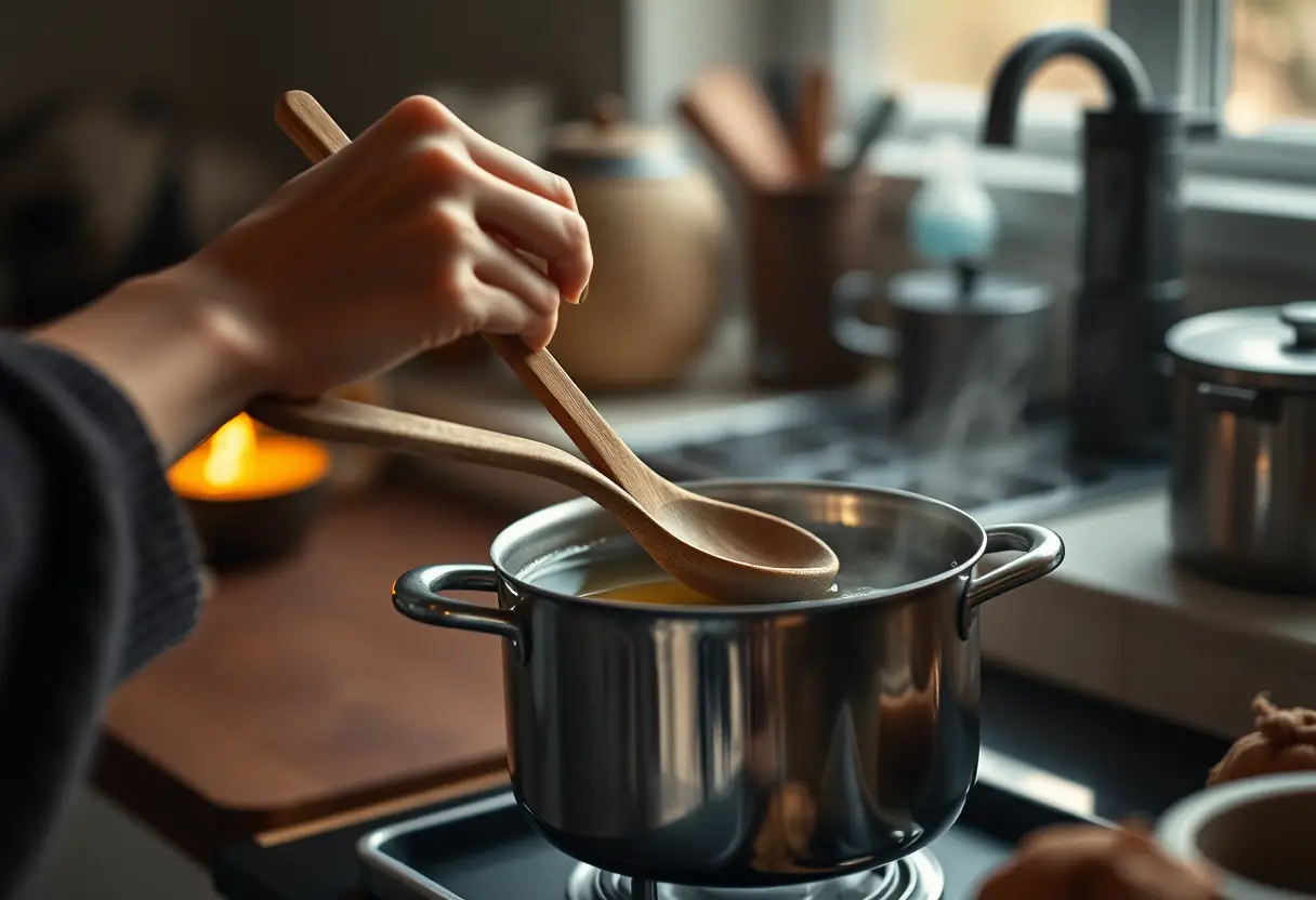 Une main tenant une cuillère en bois au-dessus d'une théière de safran, éclairée par la douce lumière du soir