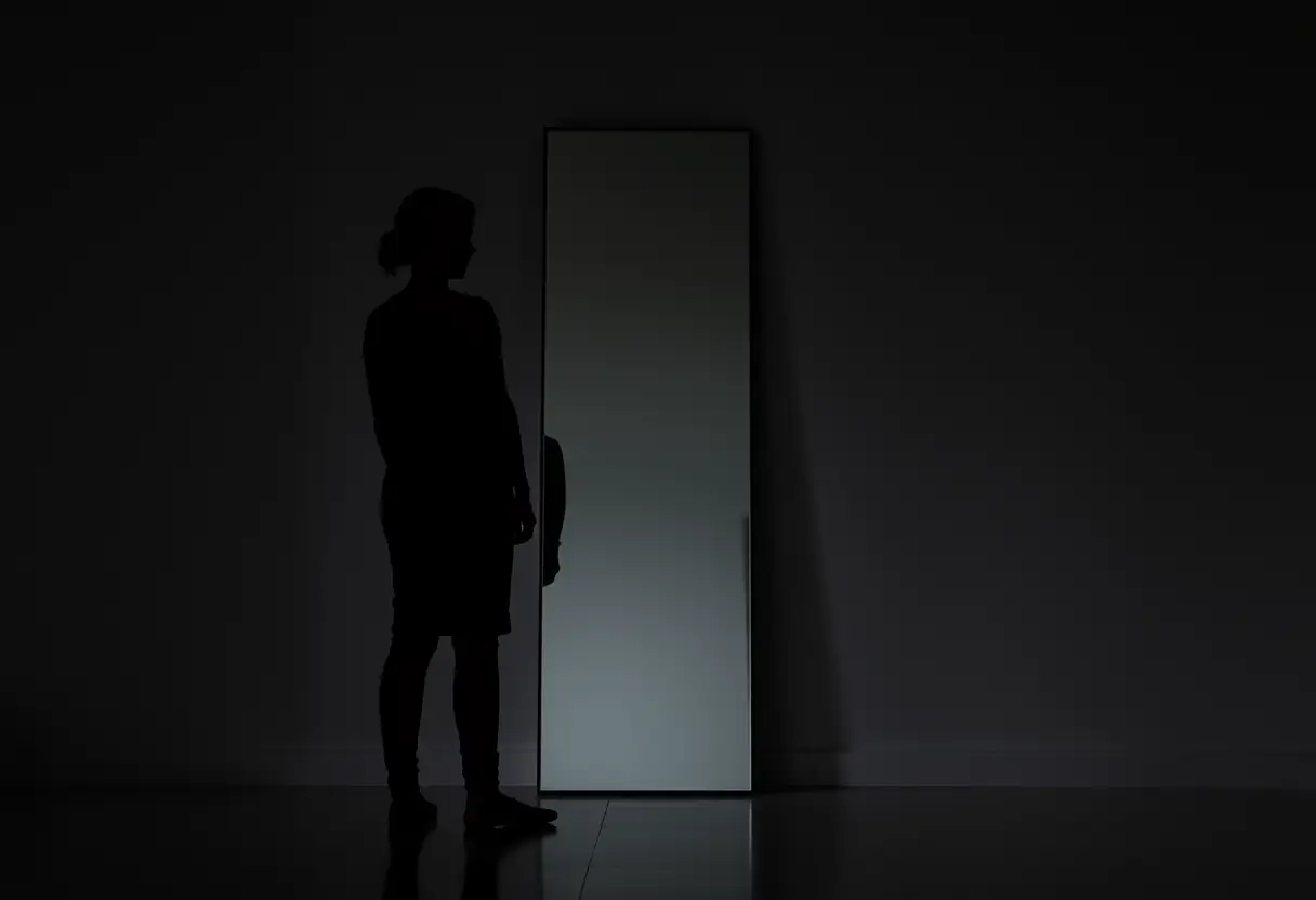 Un reflet dans un miroir vertical, représentation du chemin vers l'acceptation de soi