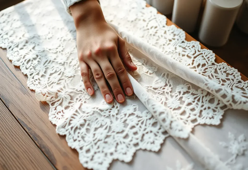 Une main lisse du tissu d'un string sur une table, lumière naturelle