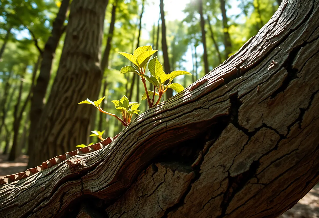 Une branche grêle avec des feuilles poussant d'un tronc fissuré, représentant la résilience et la croissance.
