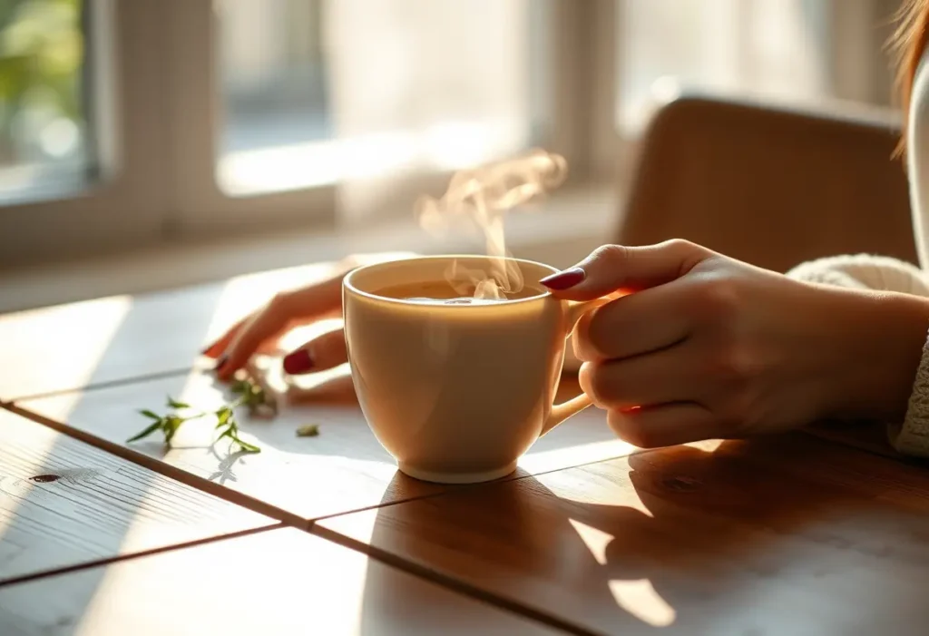 Une main tenant une tasse de thé chaud éclairée par la lumière naturelle, symbolisant la bienveillance et la sérénité.