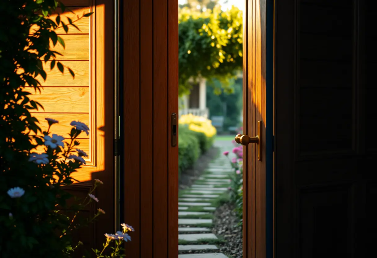 Une porte en bois avec poignée en laiton, partiellement ouverte, éclairée par la lumière du soleil, représentant l'ouverture vers la nature et la tranquillité.