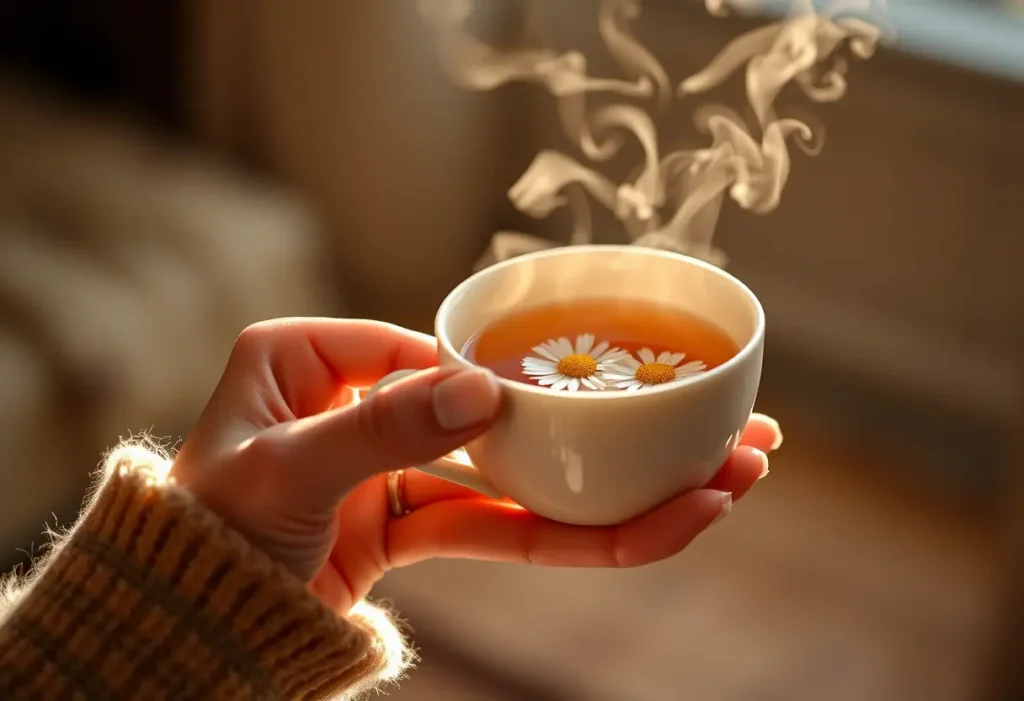 Une main tenant une tasse de thé aux fleurs de sureau, apaisante et rassurante