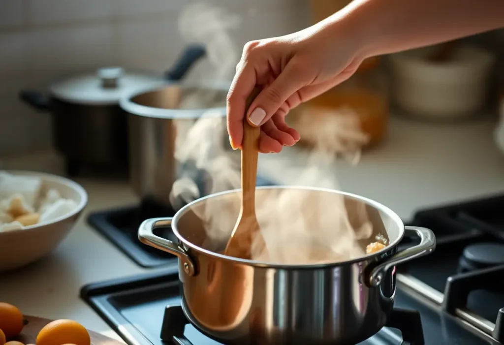 Main: Une main féminine tient délicatement une cuillère en bois dans une cuisine
