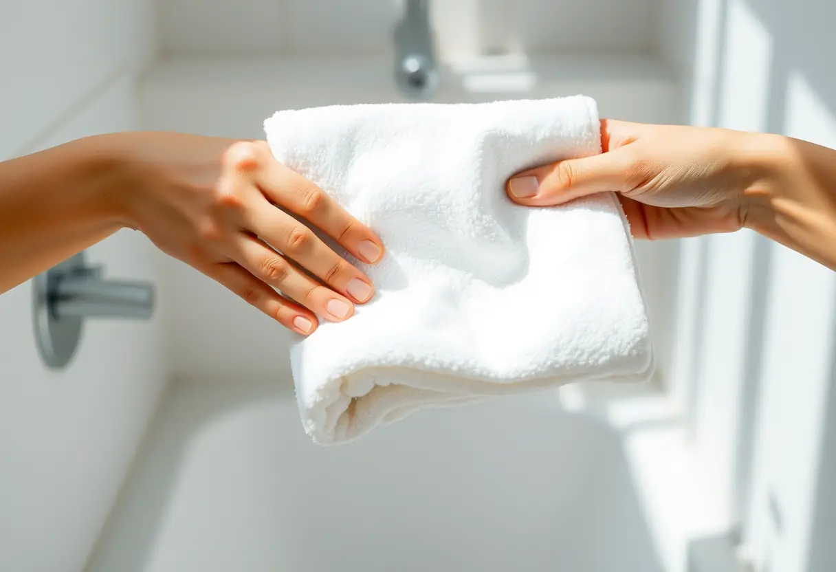 Main: Des mains qui replient doucement un linge blanc dans une salle de bain, mettant en valeur la routine du soin de soi
