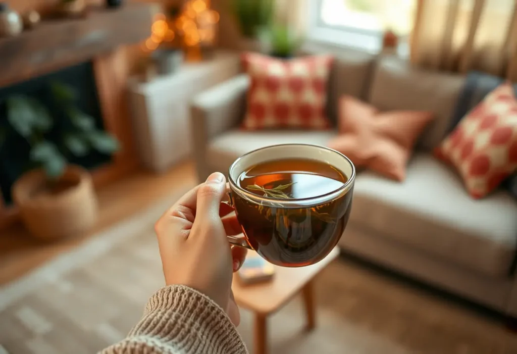 Une main tenant une tasse de thé aromatisé dans un salon accueillant, évoquant sérénité et bien-être