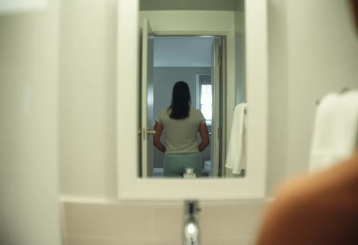 Un reflet flou dans un miroir de salle de bains, montrant une personne lointaine, évoquant la réflexion intime et le bien-être personnel