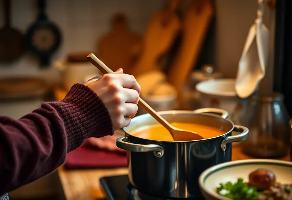 Une main féminine tient une cuillère en bois dans une cuisine accueillante