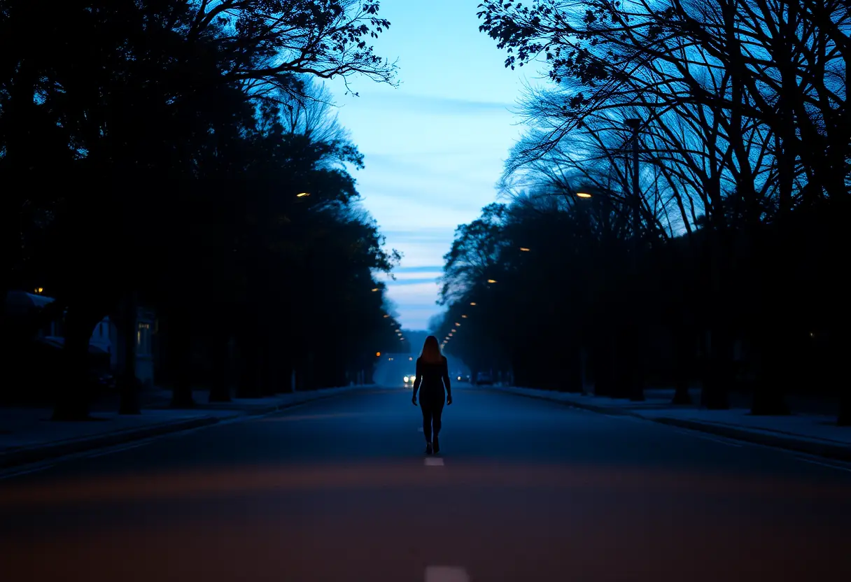 Un profil féminin se promenant seul le soir tombant