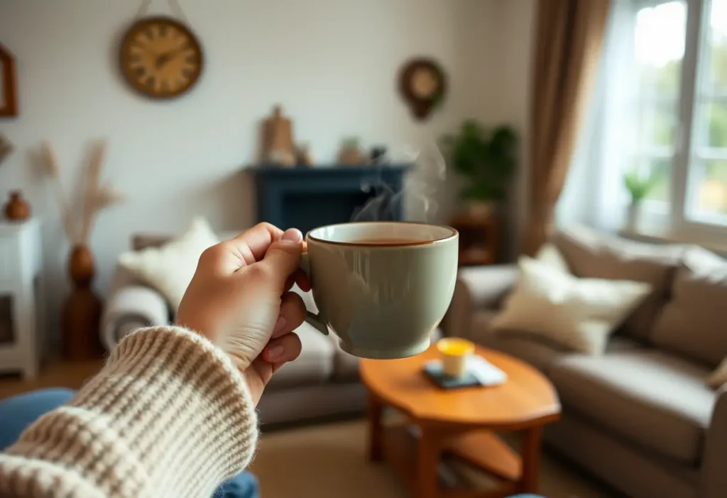 Une main tenant une tasse de thé chaud dans un salon accueillant