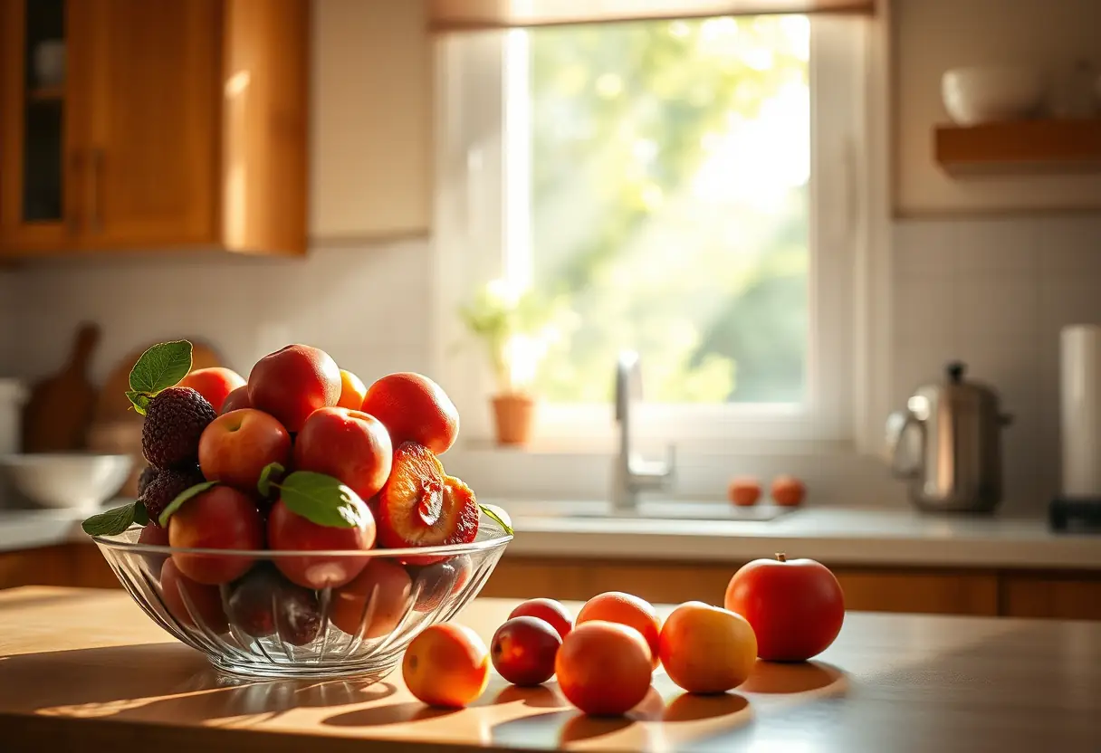 Un plan de travail de cuisine avec un bol de fruits frais baignant dans la lumière du matin