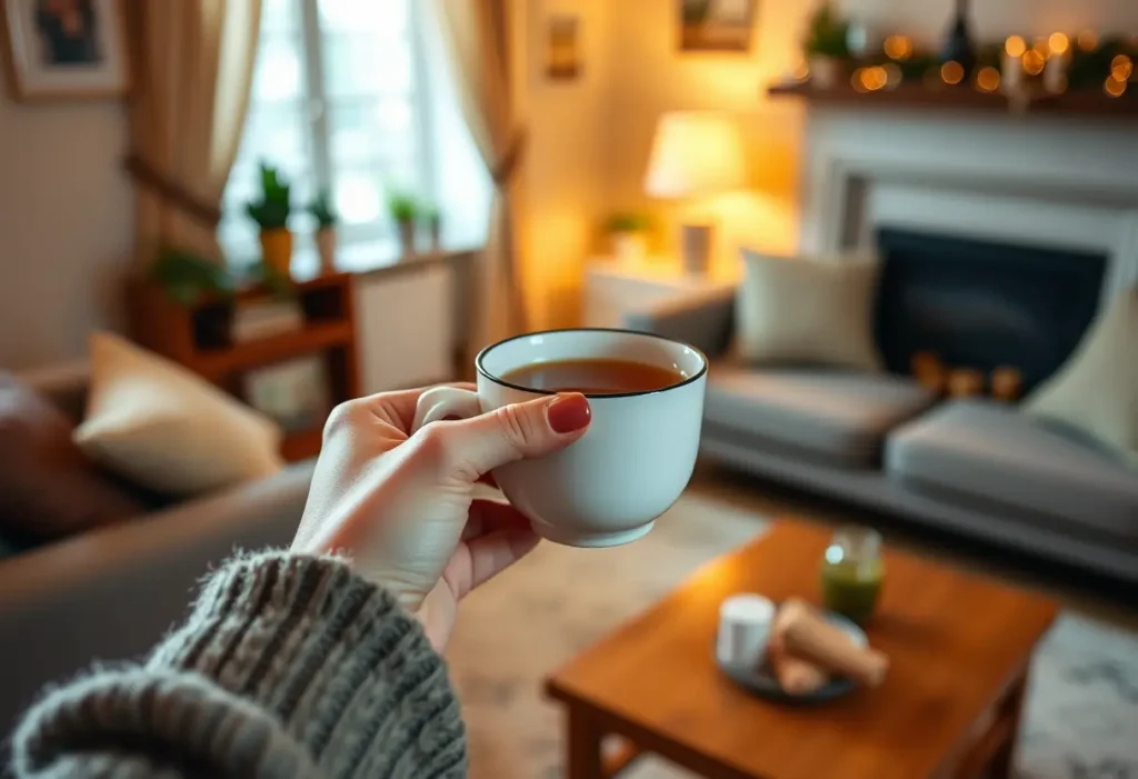 Une main féminine tenant une tasse de thé aromatique, dans une ambiance chaleureuse, bien-être pré-ménopause