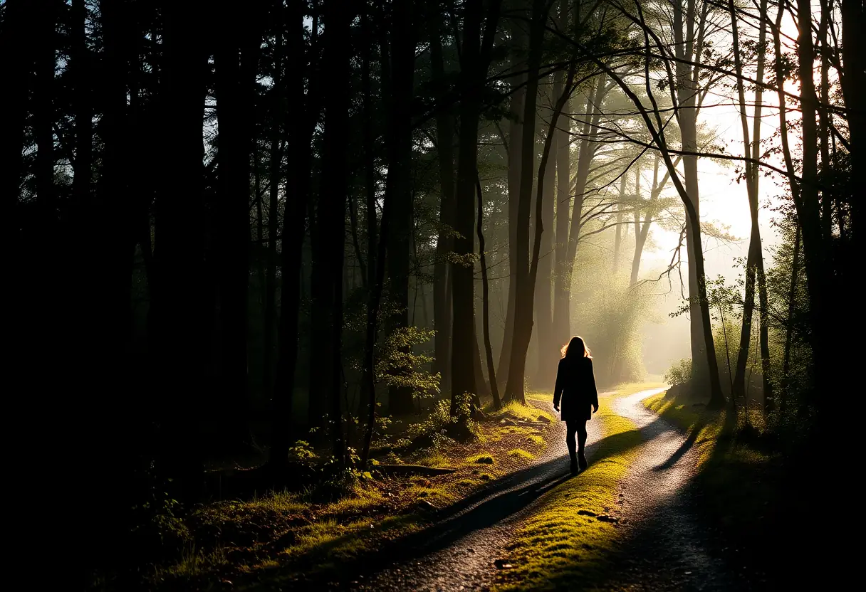Silhouette d'une femme marchant seule sur un sentier sinueux dans une forêt paisible, lumière du matin filtre à travers les arbres, bien-être pré-ménopause