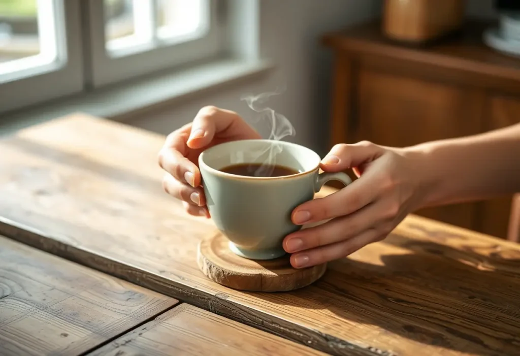 Des mains tiennent délicatement une tasse de thé en céramique, de la vapeur s'échappe légèrement, posée sur un plateau en bois sur un meuble ancien.