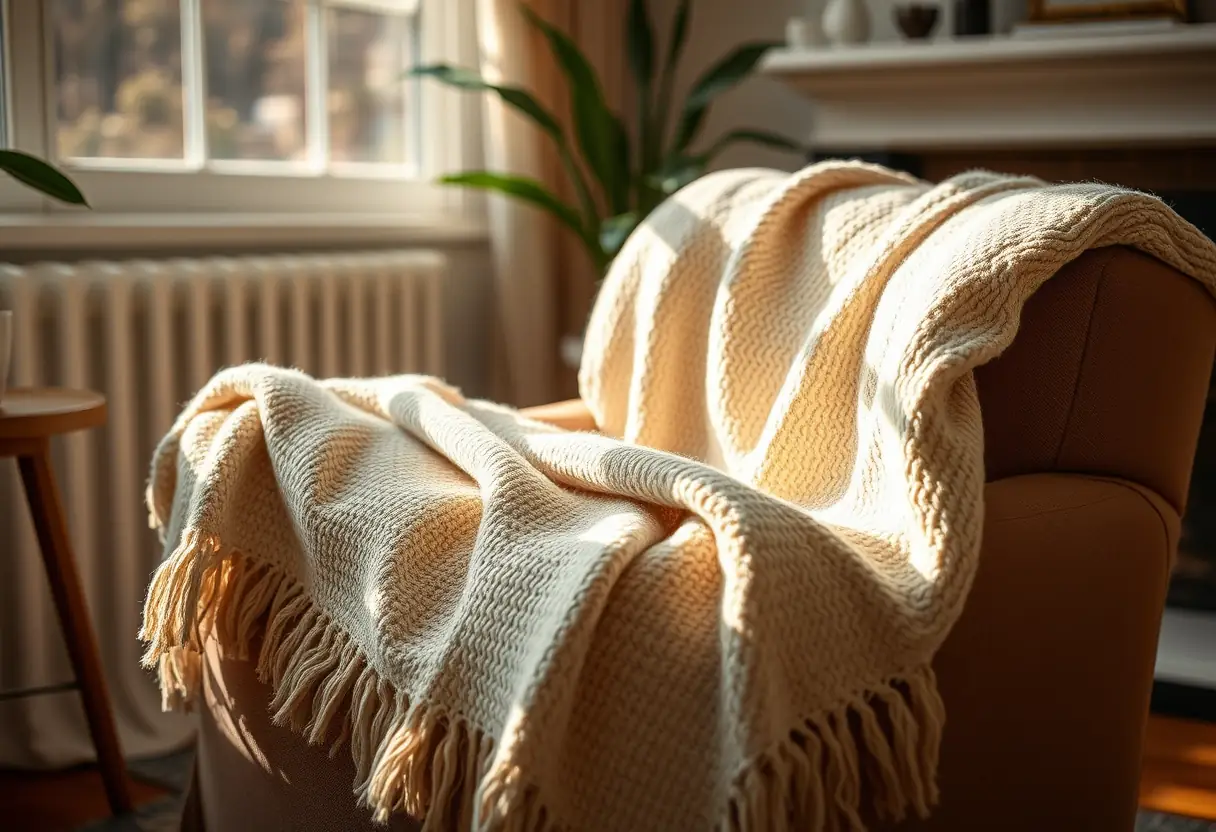 Un plaid douillet sur un fauteuil dans un salon chaleureux, rappelant la nécessité de repos face aux vertiges de pré-ménopause
