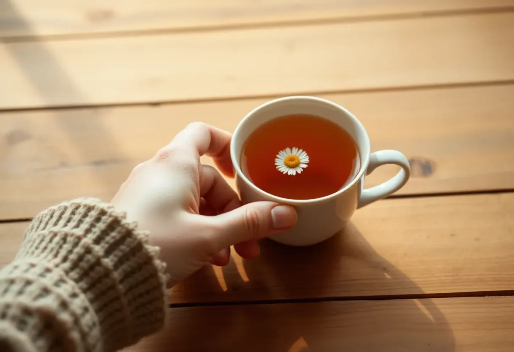 Une main féminine tient une tasse de thé à la camomille sur une table en bois, lumière naturelle chaleureuse