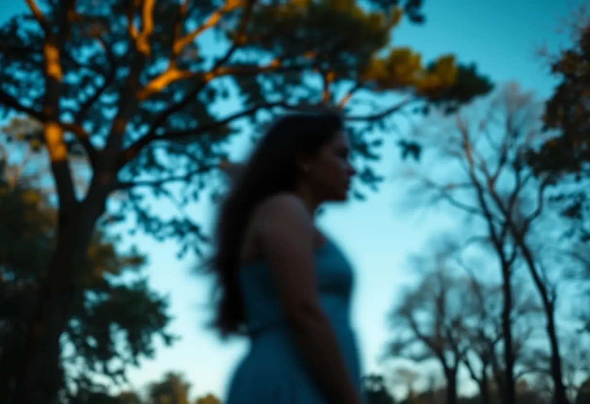 Un profil flou d'une femme dans un parc entourée d'arbres, ciel bleu clair, lumière du soir apaisante