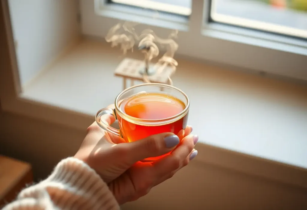 Une main tenant une tasse de thé chaud, avec la brume qui s'échappe