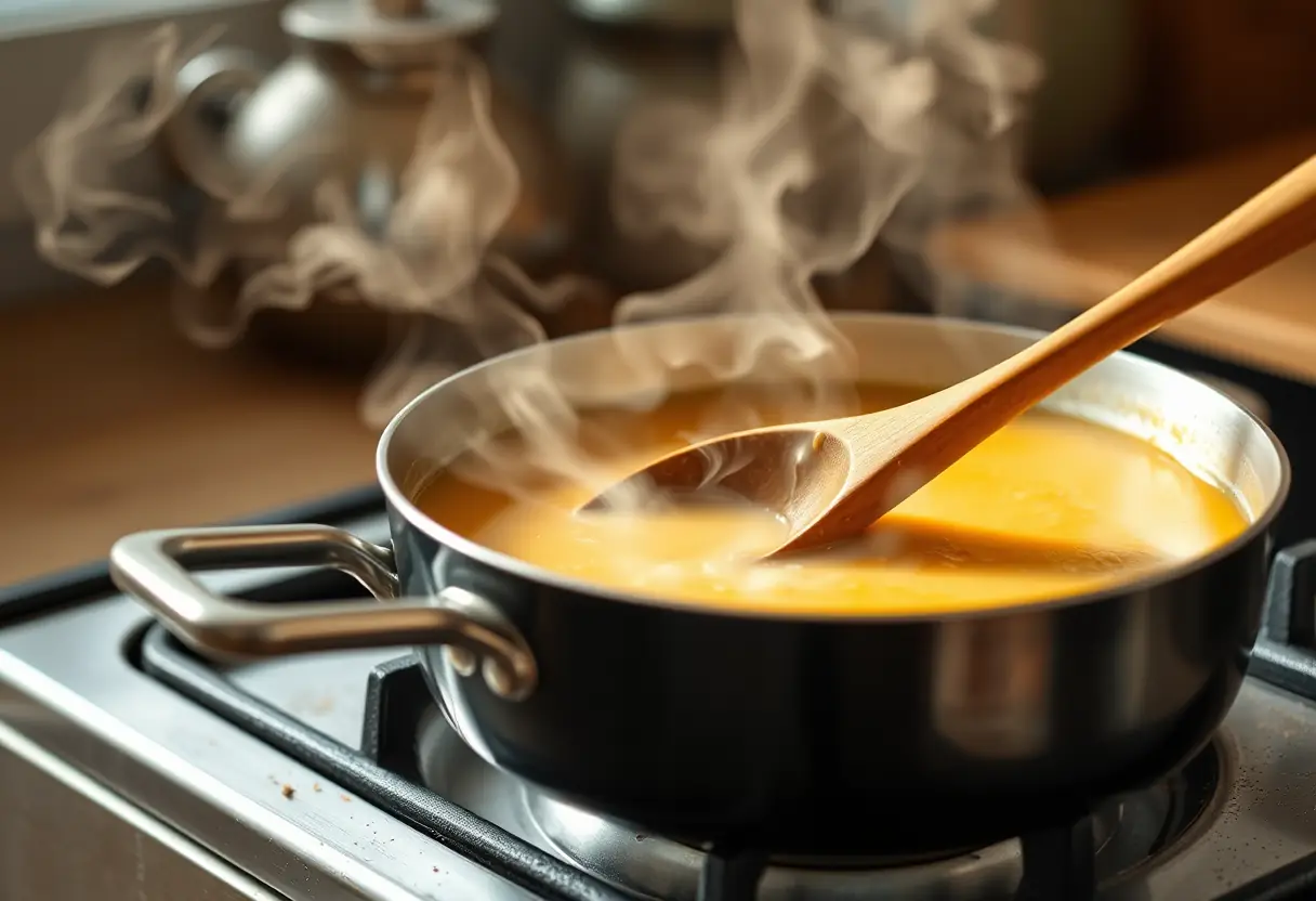 Une cuillère en bois qui remue une marmite de soupe sur une cuisinière, créant une atmosphère apaisante
