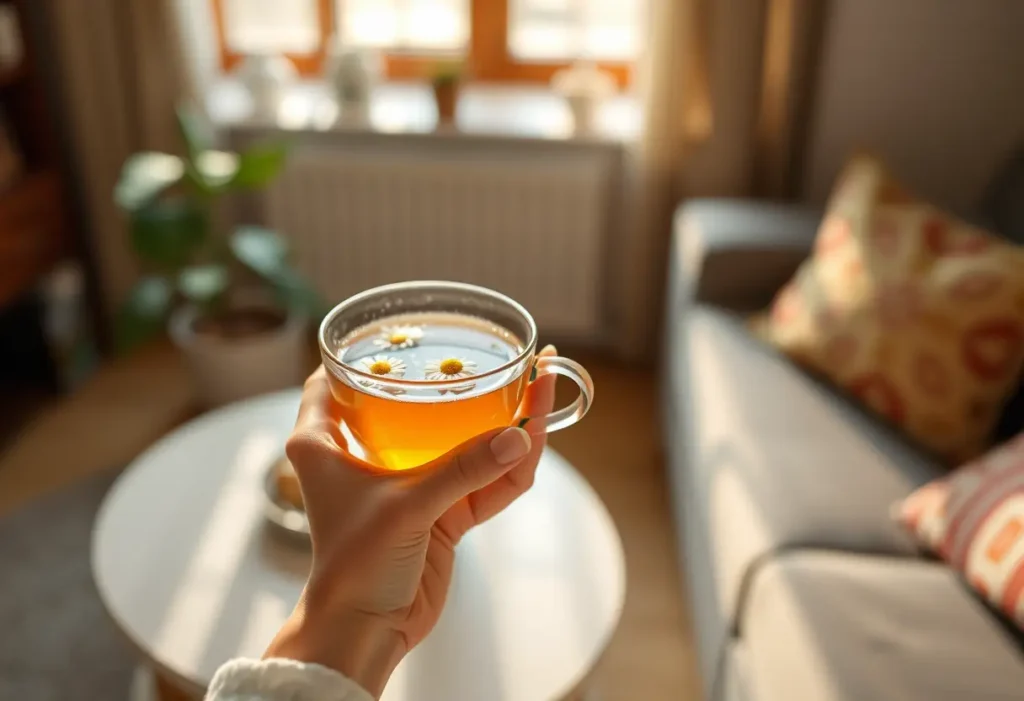 Une main tenant une tasse de thé de camomille dans un salon accueillant, thème bien-être féminin