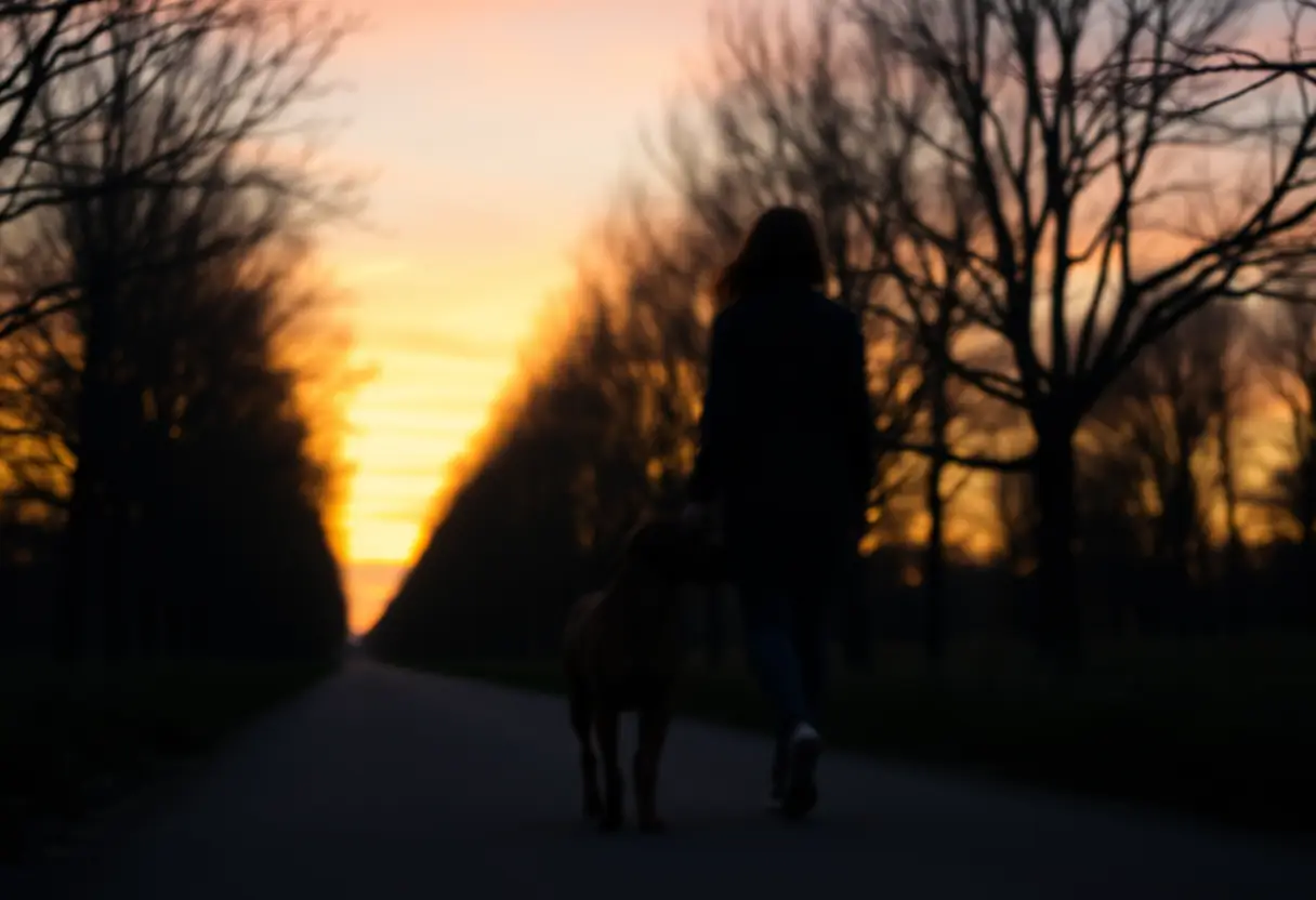Silhouette d'une femme promenant son chien le soir, thème prémenstruation et bien-être