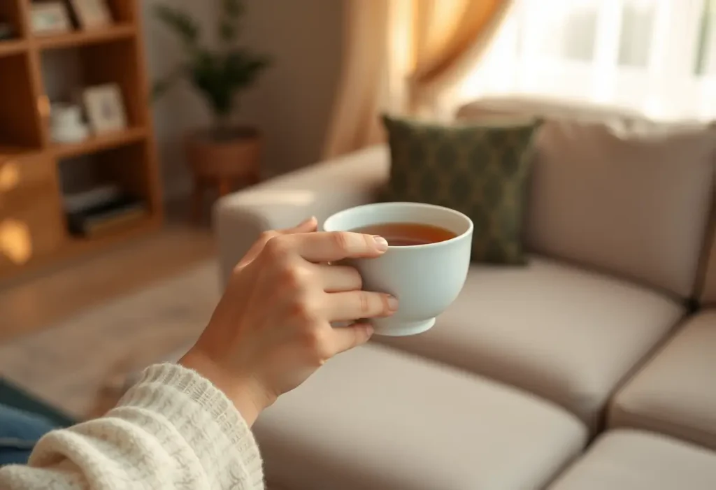 Une main féminine tient une tasse de thé chaud dans un salon accueillant