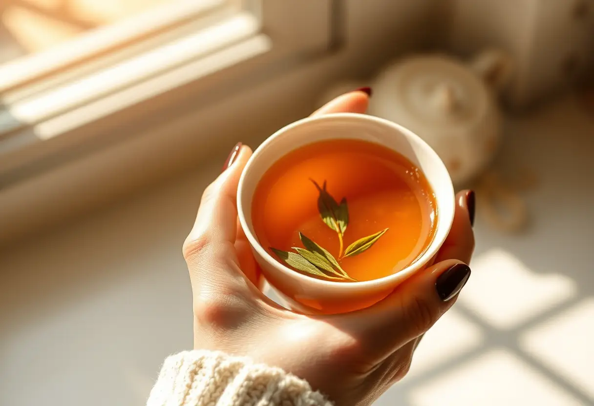 Une main féminine tenant une tasse de thé aromatique, apaisante pour le SPM