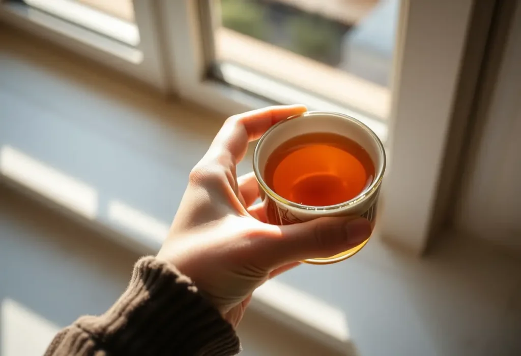 Une main féminine tient une tasse de thé herbeux dans un rayon de soleil, bien-être féminin