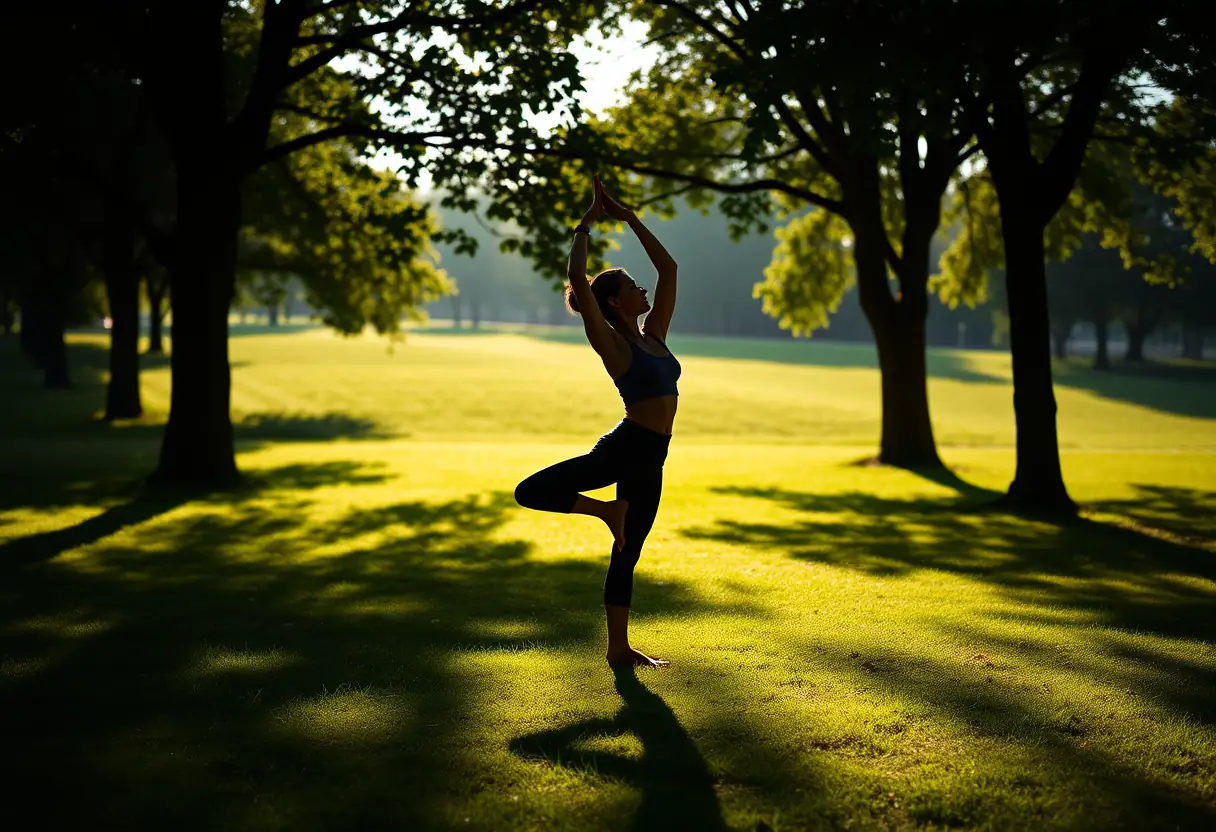 Silhouette d'une femme pratiquant le yoga dans un parc, arbres qui projettent des ombres sur l'herbe, bien-être