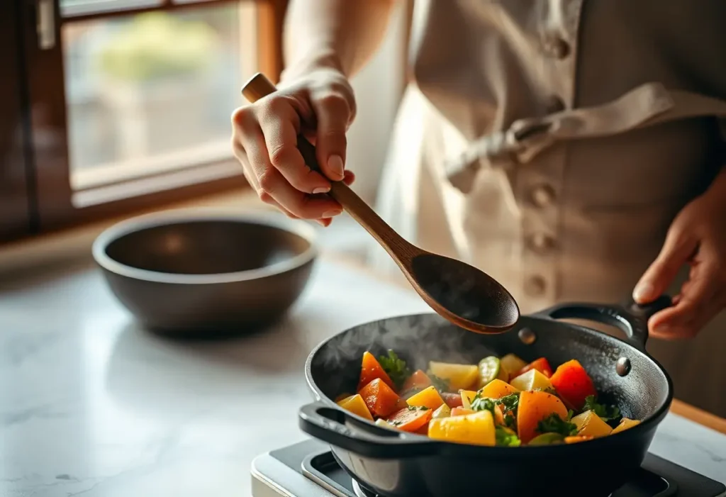 Une main féminine tient une cuillère en bois au-dessus d'une poêle en fonte remplie de légumes vapeur, illustrant une alimentation saine.
