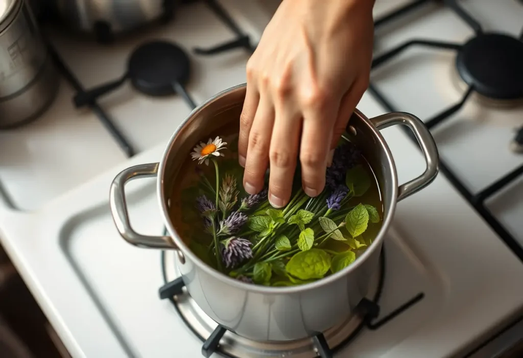 Des mains remuent une marmite de thé aux herbes, comprenant de la camomille, du lavande et du menthe.
