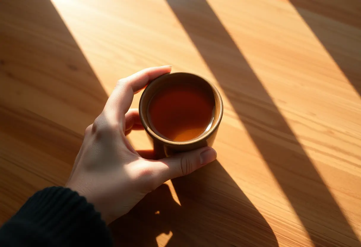 Une main posée sur une tasse de thé herbeux dans un éclairage chaleureux, favorisant la détente et la bien-être.
