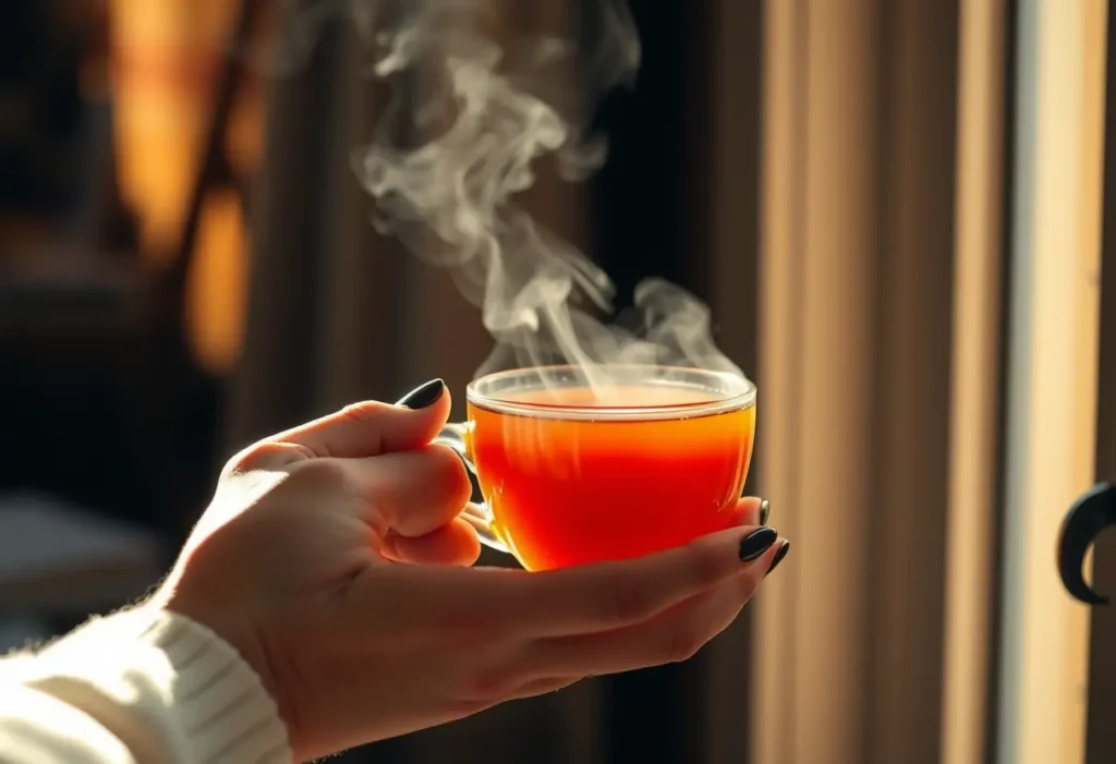 Une main féminine tient une tasse de thé chaud, les rayons du soleil filtrent à travers une fenêtre, éclairant la vapeur qui monte.